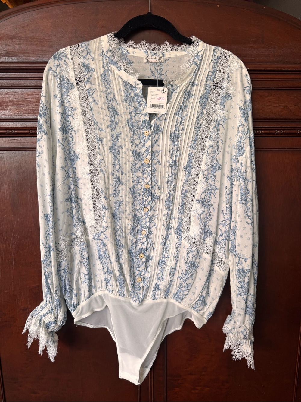 Free People White and Light Blue Floral Lace-Trim Button Bodysuit